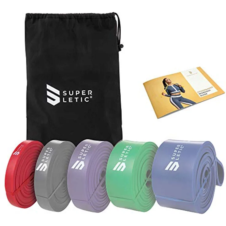 SUPERLETIC Powerband Widerstands-Fitness-Bänder, 5 Stärken für Workout, Yoga, Pilates & Crossfit, rote Klimmzughilfe, inkl. kostenloser Trainingsanleitung, 100% Naturlatex – Bild 1