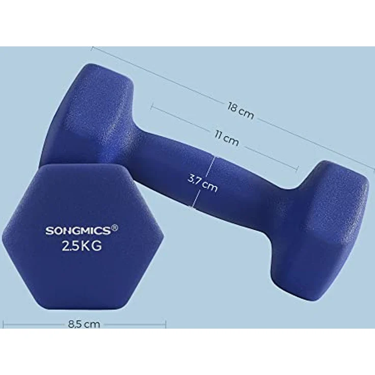 SONGMICS 2er-Set Hanteln, 2 x 2,5 kg rutschfeste Gymnastikhantel mit matter Beschichtung aus Neopren, Krafttraining, zu Hause, Fitnessstudio blau SYL65BU – Bild 5