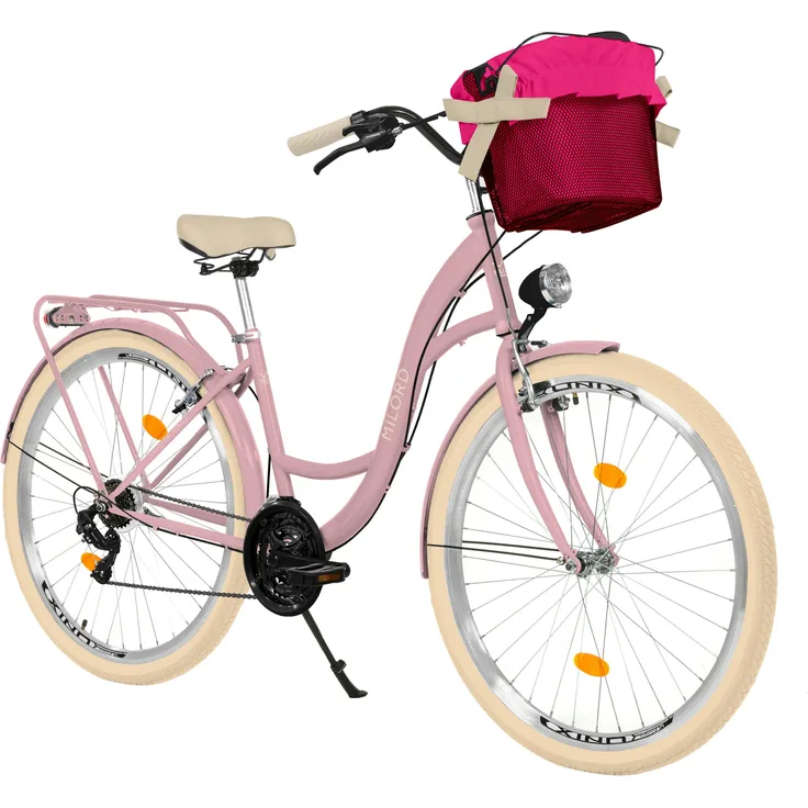 MILORD Damenfahrrad Citybike Komfort, 21-Gang, 26 Zoll mit Metallkorb, rosa-creme, retro-inspiriertes Design