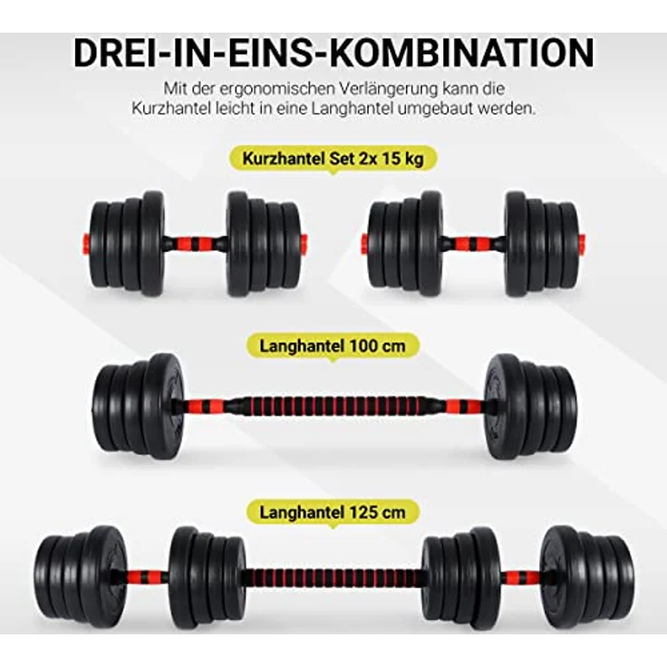 MSPORTS Hantelset Premium 2in1 - Kurzhanteln + Langhanteln verstellbar 20, 30 oder 40 kg - Hanteln Set Dumbbell mit Verbindungsstahlrohr und Gewichten (30 kg) – Bild 3