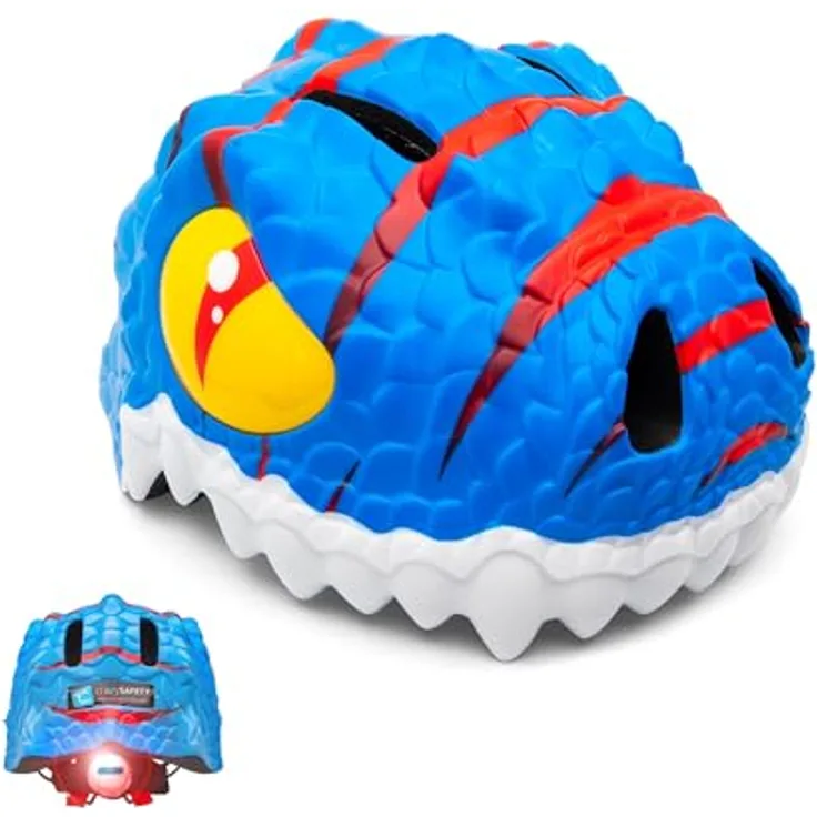 Crazy Safety Fahrradhelm für Kinder | Blauer Dino | 3D-Design, EN1078, mit LED-Rücklicht, Größe S