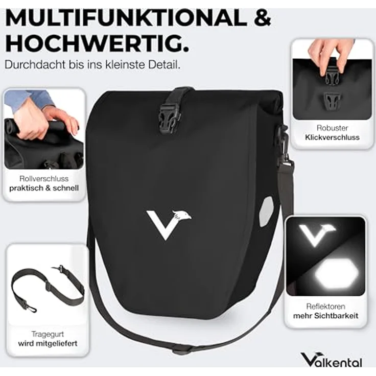 Valkental® Gepäckträgertasche ValkBasic, wasserdicht mit 18-22L Volumen, abschließbar, bombenfester Sitz, große Reflektoren – Bild 4