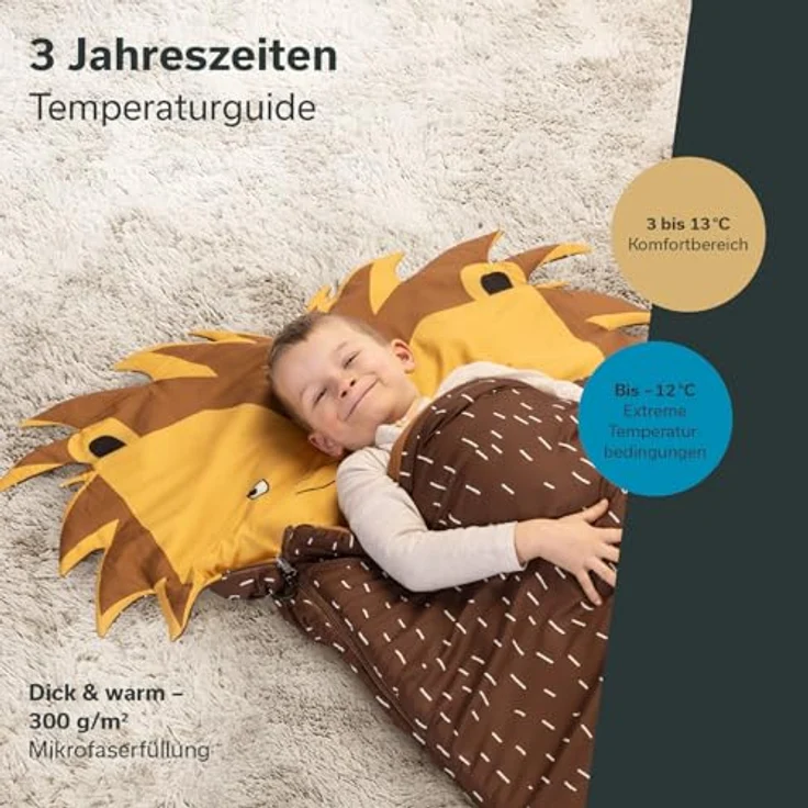 SKANDIKA Kinderschlafsack Soti, Camping Schlafsack für Kinder bis 150 cm, buntes Design Löwe, Baumwolle, maschinenwaschbar, Komfort-Temperaturen 13 °C bis 3 °C – Bild 4