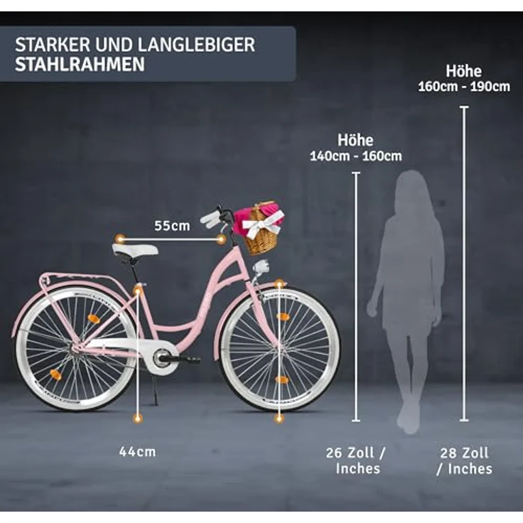 Milordbikes City-Fahrrad, Pink, 46 cm, Metallrahmen, Freizeit- und Sportbike mit Aluminiumfelgen und Trägersystem – Bild 3