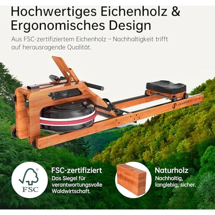 JASPORT R3 Faltbares Rudergerät aus Eichenholz, mit Bluetooth-fähigem LCD-Display, 28L Wassertank, belastbar bis 150 kg, ergonomischer Sitz, verstellbarer Tablethalter, kompatibel mit Kinomap – Bild 2