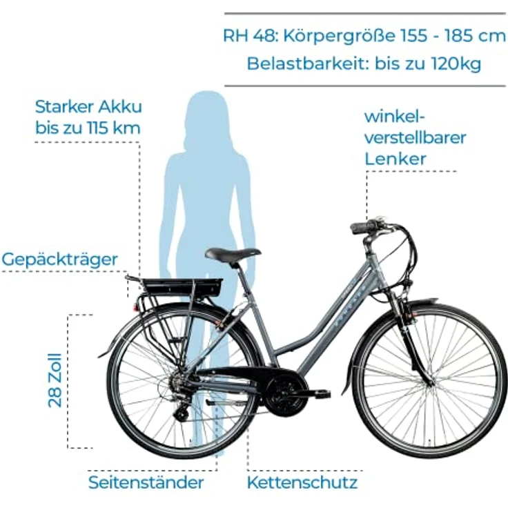 ZÜNDAPP E-Bike Trekking 700c Green 7.7 Pedelec Trekkingrad Damen 28 Zoll Touren (grau/blau, 48 cm) - Damen Trapezrahmen, 250 W Motor, 374 Wh Akku, 21 Gangschaltung – Bild 2