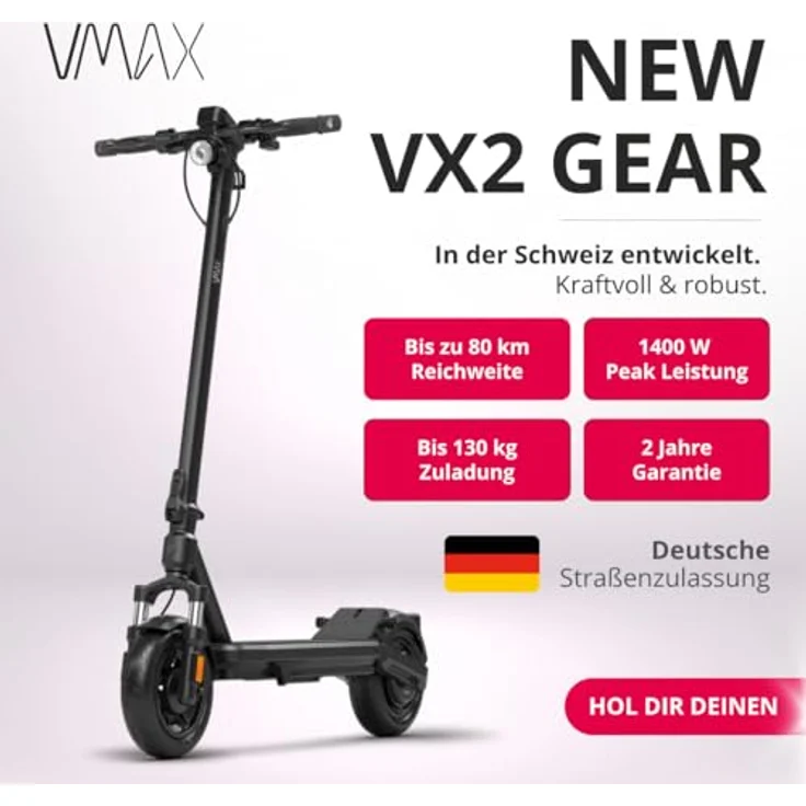 VMAX E-Scooter New VX2 Gear, E-Roller mit Straßenzulassung, 80 km Reichweite, 20 km/h, 130 kg Tragkraft, 500 W Motor, vollgefedert, Blinker – Bild 2