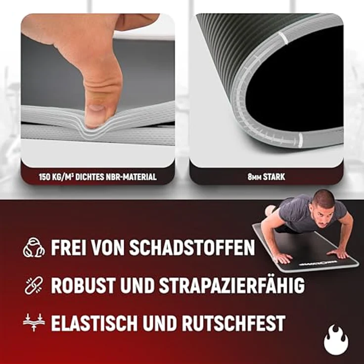 NEOLYMP Fitnessmatte, extra dicke und rutschfeste Trainingsmatte mit E-Book, Tragegurt und schadstofffreier Oberfläche, grau – Bild 5