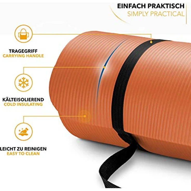 TRESKO Yogamatte, Phthalatfrei, rutschfest und gelenkschonend, mit Tragegurt, 190 x 100 x 1,5 cm, Orange – Bild 2