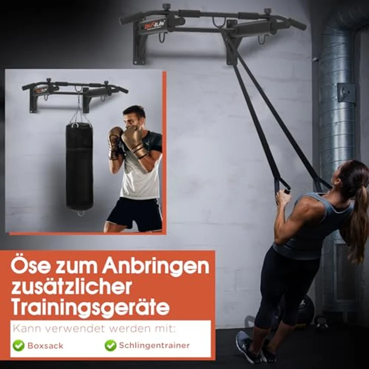 DH FitLife 4in1 Klimmzugstange Wand zur Wandmontage, Multifunktionale Pull-Up Bar für Zuhause bis 200kg | 6 rutschfeste Griffe | 3 Öse für Boxsack & Schlingentrainer | Sicher & Stabil, Schwarz – Bild 3