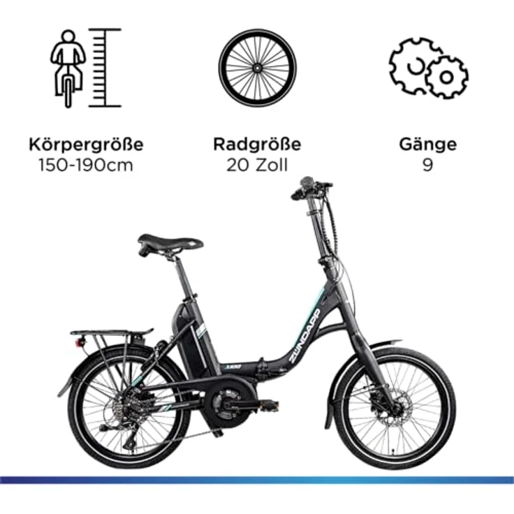 ZÜNDAPP X100 E Bike 20 Zoll Klapprad für Damen und Herren 150-190 cm Bosch Ebike Mittelmotor mit 9 Gang Nabenschaltung Elektro Fahrrad 400 Wh Akku Faltrad (45 cm, schwarz/türkis) - Preisvergleich – Bild 3