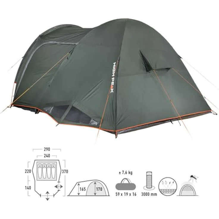 High Peak Kuppelzelt Tessin 4 Personen, Familienzelt mit UV 80 Alu-Beschichtung, 2 Eingängen, Vorraum und Wassersäule 3000 mm – Bild 2