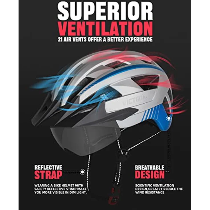 Victgoal VICTGOAL Fahrradhelm MTB Helm, abnehmbare magnetische Schutzbrille, atmungsaktiv mit 21 Belüftungskanälen, verstellbar (L: 57-61 cm, Silber) – Bild 3