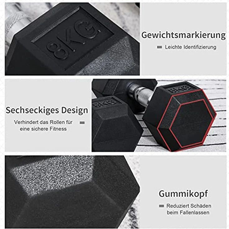 HOMCOM Hexagon Kurzhanteln 2er Set Gusseisen Hanteln Griff gerändelt Hantel Set Kurzhantelset Gewichte Metall Gummi schwarz 2 x 8 KG – Bild 4