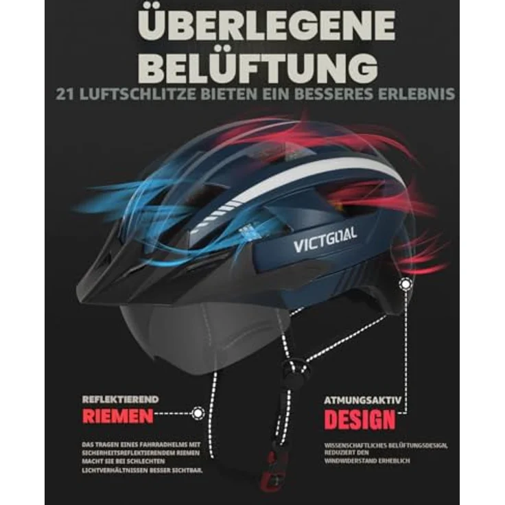 Victgoal VICTGOAL Fahrradhelm Herren Damen MTB Helm, XL (59-63cm), marineblau, mit abnehmbarer magnetischer Schutzbrille, atmungsaktiv, 21 Belüftungskanäle und LED Rücklicht – Bild 3