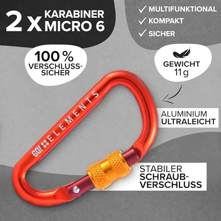 GO!elements Mini Karabiner Micro 6, 2er Pack mit Schraubverschluss, farbe: Pyro, ultraleicht und robust, salzwasserbeständig für vielseitige Outdoor-Anwendungen – Bild 3