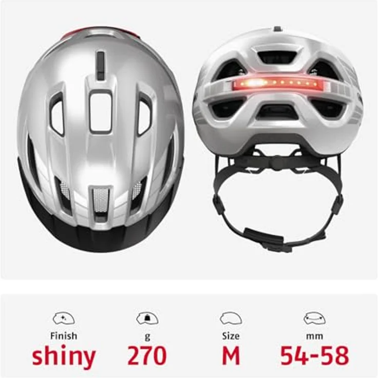 ABUS Urban-I 4.0, Fahrradhelm mit aufladbarem Rücklicht, 2 Leuchtmodi, Schirm, Zopf-Öffnung und magnetischem Verschluss, Größe M, silber – Bild 3