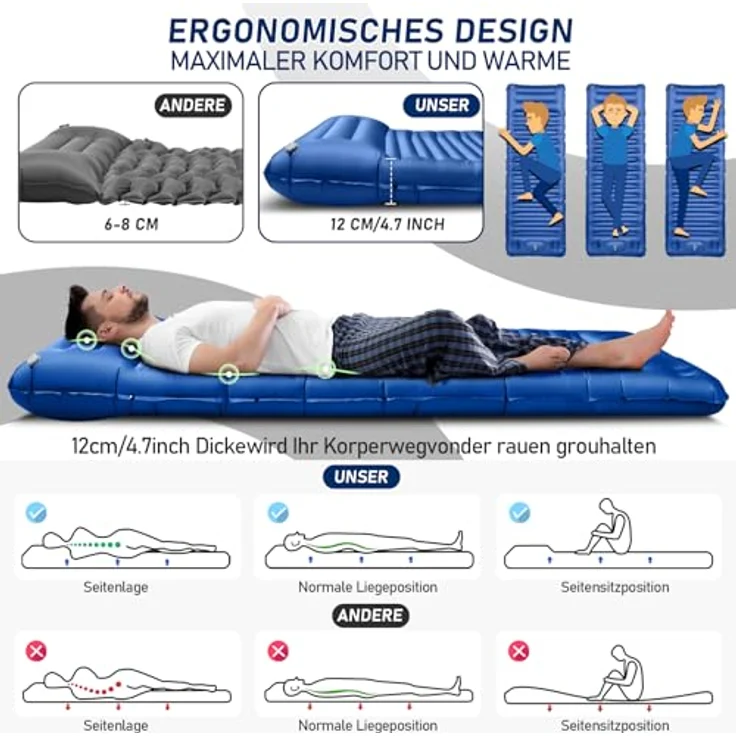JEMULICE Isomatte Camping, 12CM Ultraleichte aufblasbare Matratze mit Fußpumpe, Wasserdicht und kompakt, für Wandern und Zelt - Blau – Bild 2