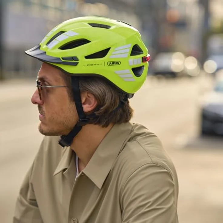 ABUS Urban-I 4.0, Fahrradhelm mit aufladbarem Rücklicht, 2 Leuchtmodi, Zopf-Öffnung, Schirm, Größe M, gelb – Bild 8