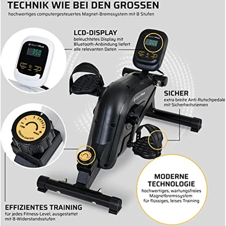 SportPlus Beintrainer für zuhause & Büro, Mini-Heimtrainer mit Magnet-Bremse & 8 Widerstands-Stufen, mit Trainingscomputer, extra breite Pedale, App kompatibel | Heimtrainer Fahrrad | Minibike – Bild 4