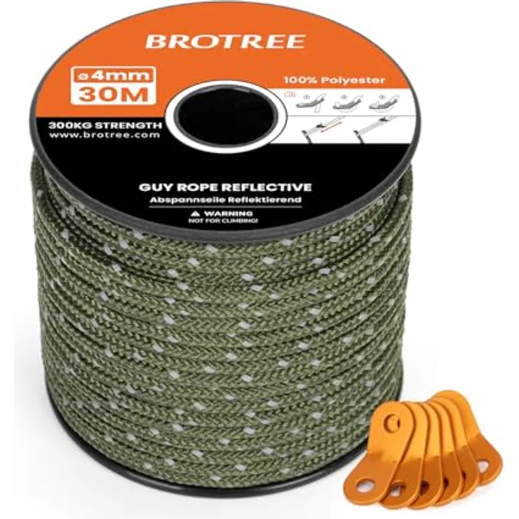 BROTREE Abspannseile Camping 30m Zeltschnur, 4mm reflektierend mit 6 Spanner, schwerlast bis 300kg, Militärgrün
