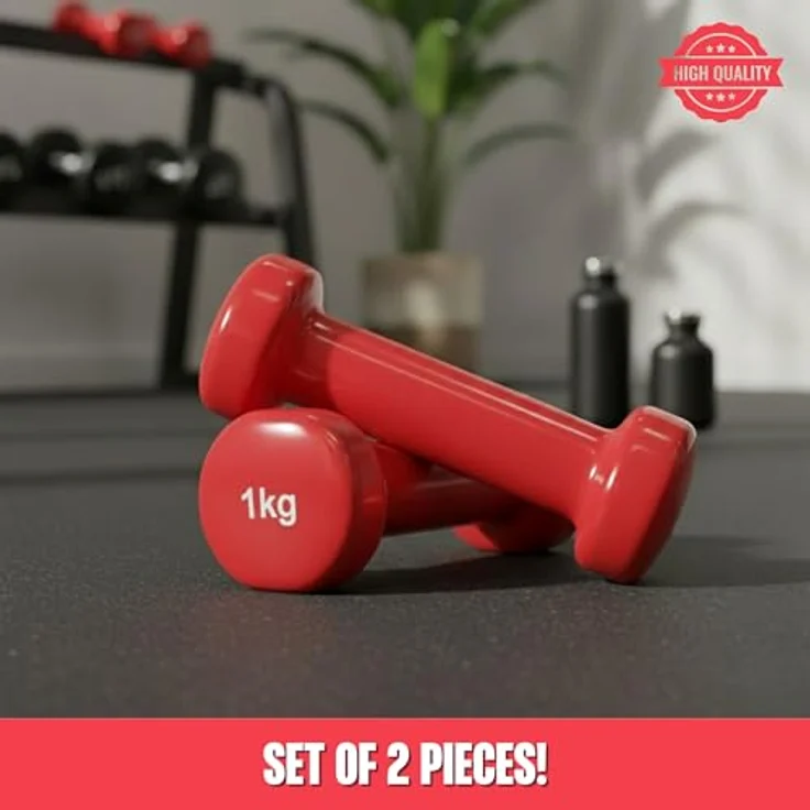 MATCHU Vinyl-Hanteln 2er-Set, 2x1 kg, mit massiver Eisenfüllung, rutschfester Griff, sechseckige Form, rot – Bild 2