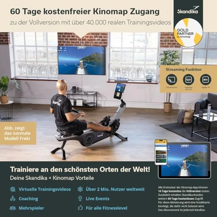 Skandika Rudergerät Freki Plus | Studio Qualität, 24-stufiger Magnetwiderstand, 12 kg Schwungmassensystem, Kinomap App kompatibel, aufstellbar, bis 200 cm | Fitnessgerät – Bild 4