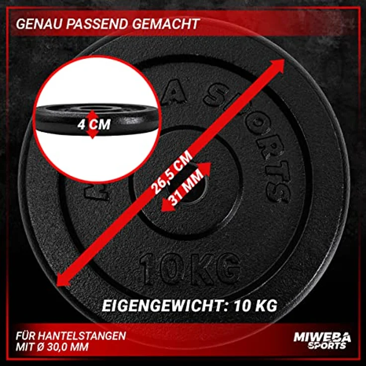 Miweba Sports Hantelscheiben Set HSG | 𝐏𝐫𝐨𝐟𝐢 Hanteln - Hantelscheibe - Hantel Scheiben - Gusseisen Gewichte - Ø 30/31 mm - Hantelset - Gewichtsscheiben - Hantelgewicht - Plates (2x 10.0 Kg) - Preisvergleich – Bild 3