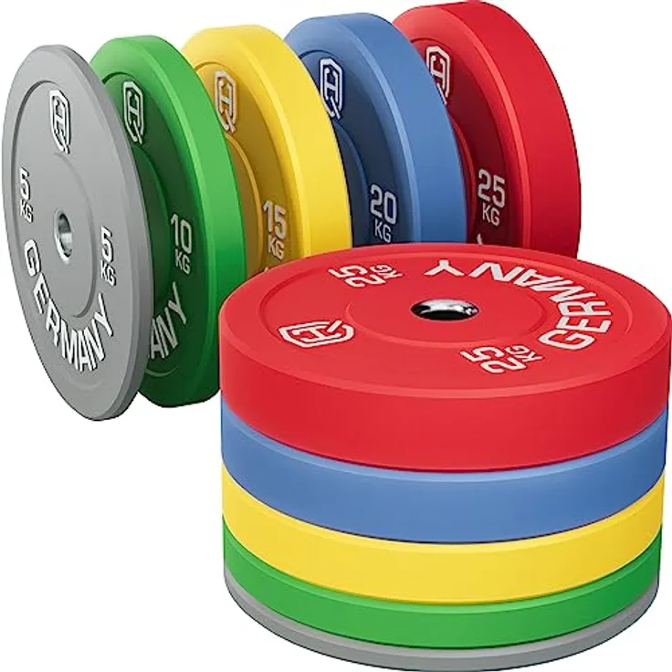 HQ Germany® Olympic Bumper Plates 50mm | Paar/Set | 5-25kg | Studio Qualität | Hoher Härtegrad | Hantelscheiben nach IWF Standard, Gewicht:i Set 150KG (2x 5-25kg)