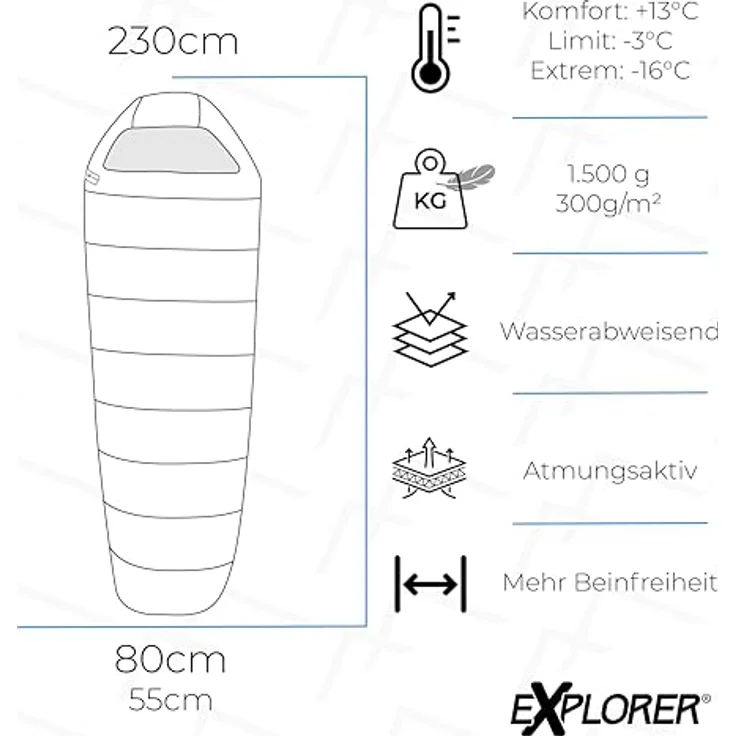 EXPLORER Tramper 300 Mumienschlafsack Schwarz, 3-4 Jahreszeiten, Komfort-Temperatur +13°C, leicht, 1500g, kompakt 22x33cm, 230x80x55cm für Camping und Trekking – Bild 4