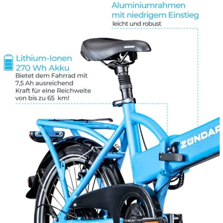 ZÜNDAPP Z101 20 Zoll E Bike Faltrad Damen Herren Elektrofahrrad klappbar Ebike Pedelec E-Bike - 6 Gänge, LED Licht, V-Bremsen - Schwarz – Bild 5