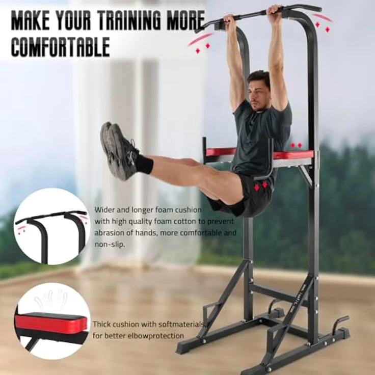 ISE Klimmzugstange Freistehend Kraftturm Multifunktional, Power Tower Dip Station Kraftstation für zuhause Klimmzugstation mit Liegestützgriffe für pull up und dip, Max.120 KG – Bild 2