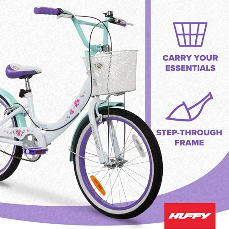 Huffy Girly Girl 20-Zoll Kinderfahrrad, weißes Singlespeed mit Blumengrafik und großem Lenkerkorb – Bild 2
