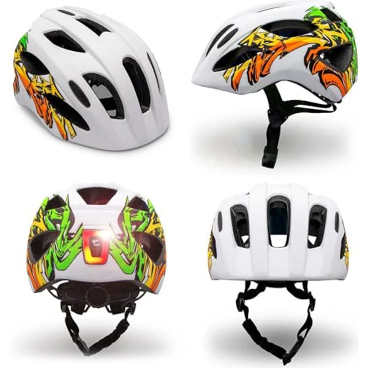 Crazy Safety Cool Kinder Fahrradhelm, verstellbar 54-58 cm, mit USB-aufladbarem Rücklicht und 15 Lüftungslöchern, für Kinder 6-12 Jahre, Weiß/Gelb – Bild 2