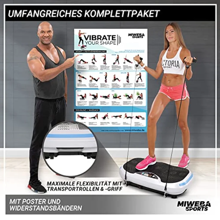 Miweba Sports Fitness 4D Wave Vibrationsplatte MV300 - Armband Fernbedienung - Wave Design - 800 Watt - Bluetooth Lautsprecher - Trainingsbänder - Led - große Trittfläche (Weiß) – Bild 5