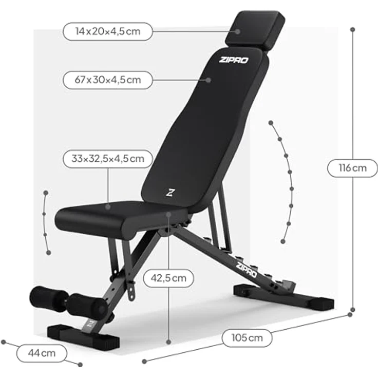ZIPRO Hantelbank Klappbar, 7-fach verstellbare Schrägbank bis 300 kg, multifunktionale Trainingsbank für Zuhause, schwarz – Bild 3
