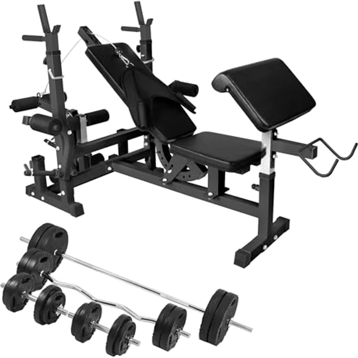 GORILLA SPORTS® Hantelbank - inkl. 100kg Hantelset, Ablage, Dip-Station, Curlpult, Beincurler, Butterfly, Latzug, Verstellbar, Schwarz/Weiß - Multifunktion Trainingsbank mit Gewichten, Kraftstation – Bild 3
