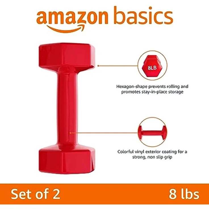 Amazon Basics Kurzhanteln mit Vinylbeschichtung, 8 lbs 3.6 kg, Rot, 2 Stück, 16 Pfund – Bild 2