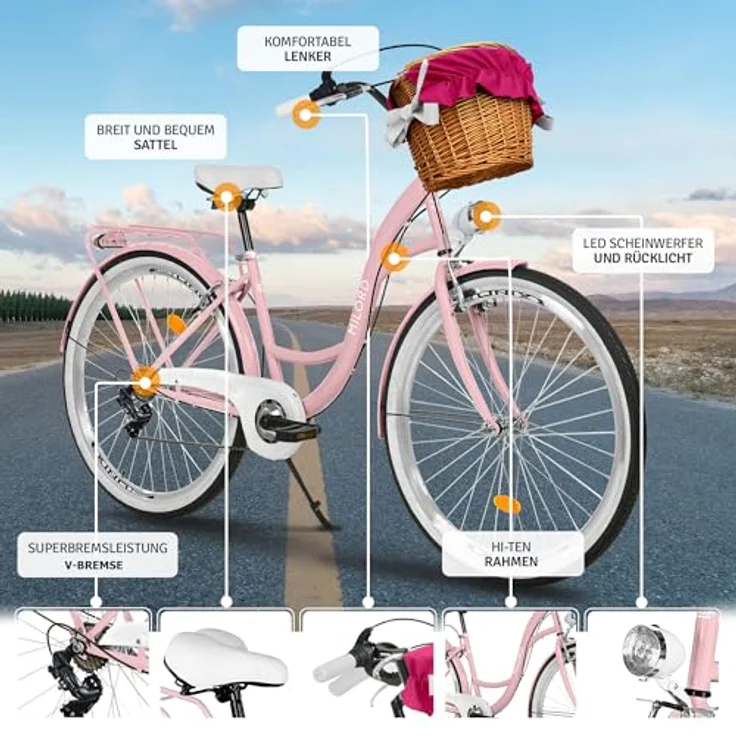 Milordbikes City-Fahrrad, Pink, 46 cm, Aluminiumfelgen, integrierter Träger für Packtaschen – Bild 2