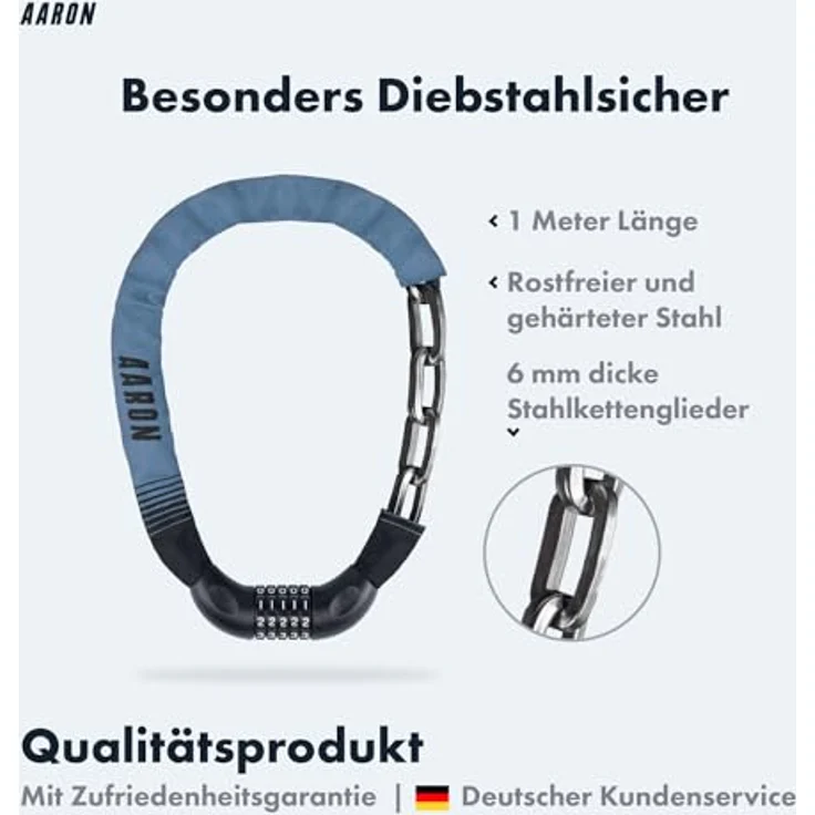 AARON Lock One Fahrradschloss, 100 cm Kettenschloss mit 5-stelligem Zahlencode, hochsicher in grau-blau für E-Bike, Mountainbike, Trekkingrad, Tourenrad, Rennrad – Bild 2