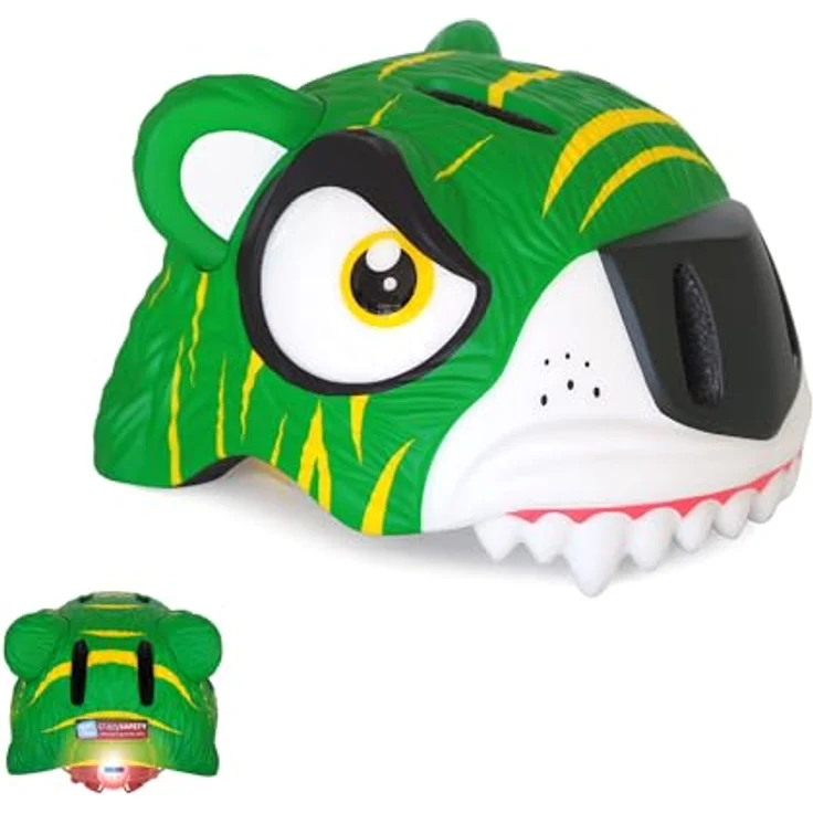 Crazy Safety Kinder Fahrradhelm 3D Tierhelm für 2-7 Jahre, verstellbar 49-55 cm, Tiger Grün, optimal für Fahrrad und Skateboard, mit LED-Rücklicht und Belüftungsöffnungen – Bild 1