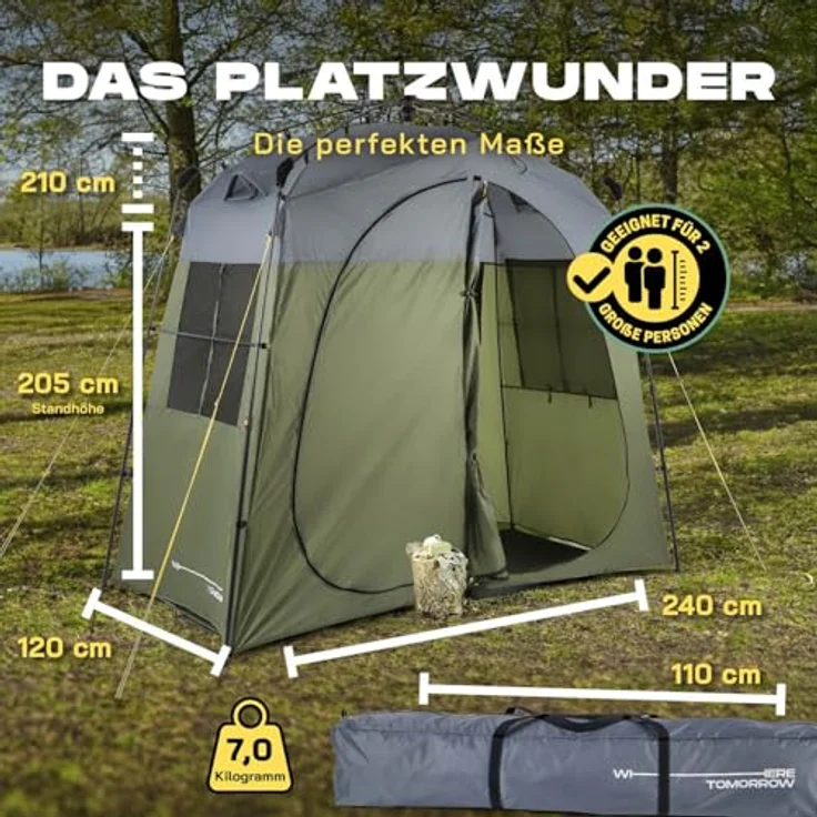 Lumaland Where Tomorrow Pop up Duschzelt, 2 Personen, wasserdicht mit Trennwand, Campingtoilette und Umkleidekabine, schnelles Aufbausystem, 240 x 120 x 210 cm – Bild 2
