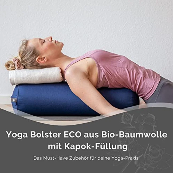 Bodhi Yoga Bolster | ECO Serie | Yogarolle mit Kapok-Füllung | Waschbarer Bezug aus 100% Bio-Baumwolle | Yogakissen für Restoratives Yoga | 65 x 22 cm (dunkelblau) – Bild 4