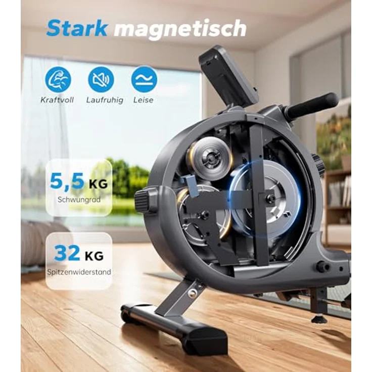 MERACH Rudergerät für Zuhause, Magnetisches Bluetooth Rudergeräte mit 16 Widerstandsstufen, Upgrade auf Doppel-Slide-Rails, Maximale Belastbarkeit von 160 KG, Vertikale Aufbewahrung, Platzersparnis – Bild 2