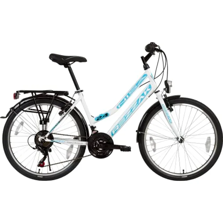 Rezzak 24 Zoll Fahrrad Mädchenfahrrad Damenfahrrad Kinderfahrrad 21 Gang RH ca 42cm Weiß Türkis Neu-051, Shimano Schaltung, Aluminium Felgen, Batteriebetriebene Beleuchtung