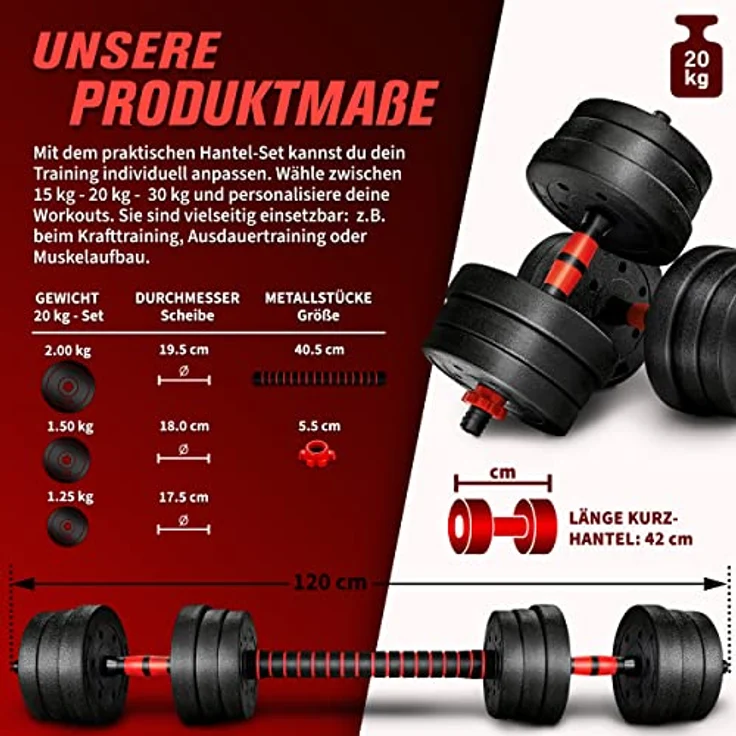 RE:SPORT 2 in 1 Hanteln Set 20 kg | Hantelset verstellbar | Kurzhantel & Langhantel | Sternverschlüsse & Verbindungsrohr – Bild 4