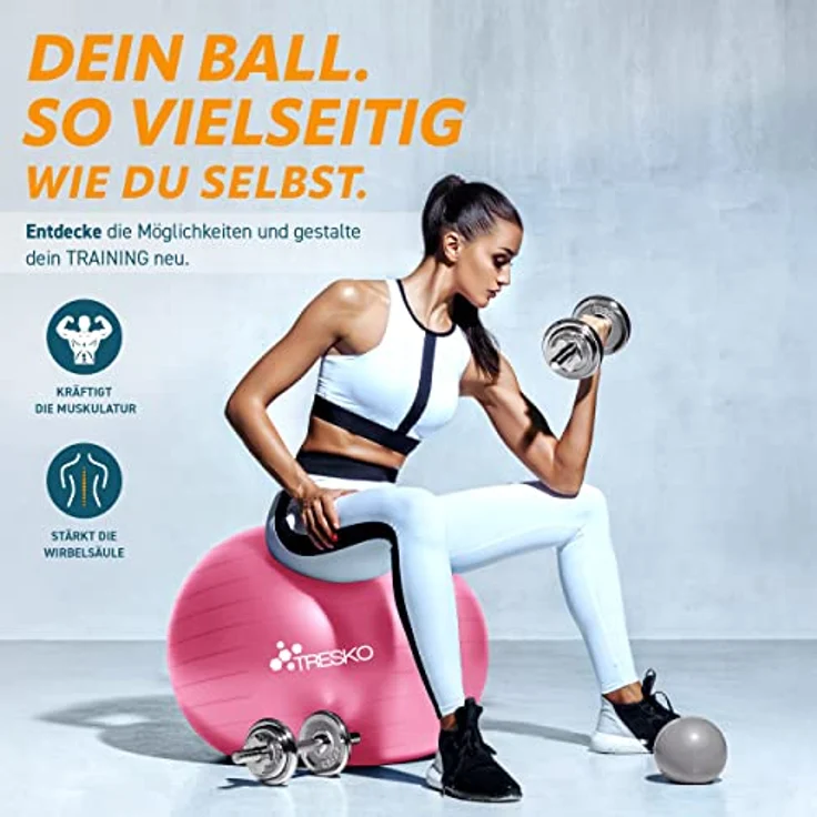 TRESKO Gymnastikball mit GRATIS Übungsposter inkl. Luftpumpe - Yogaball BPA-Frei | Sitzball Büro | Anti-Burst | 300 kg,Rosa,55cm (für Körpergröße unter 155cm) – Bild 2