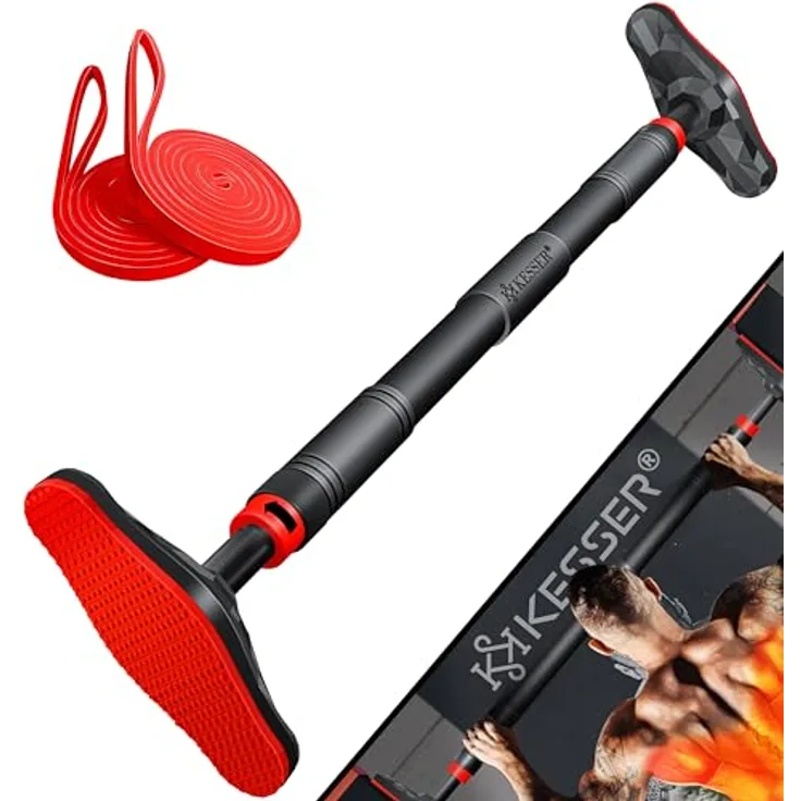 KESSER® Klimmzugstange Türrahmen verstellbar, Pull Up Bar 68-106 cm, Tragfähigkeit bis zu 300 kg, rutschfeste Griffe, inkl. Resistenzbänder, ohne Schrauben/Bohren