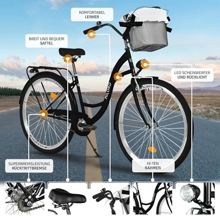 Milordbikes City-Fahrrad, 46 cm, schwarzes Metall, leichtgängige 700C Reifen, inkl. Trägersystem – Bild 2