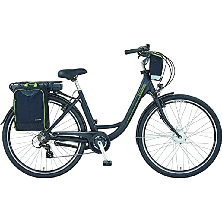 Prophete Geniesser eC100 City E-Bike 28" | Elektrofahrrad mit Packtaschen | Damen/Herren | Shimano Nexus 7-Gang Nabenschaltung | schwarz Neongelb